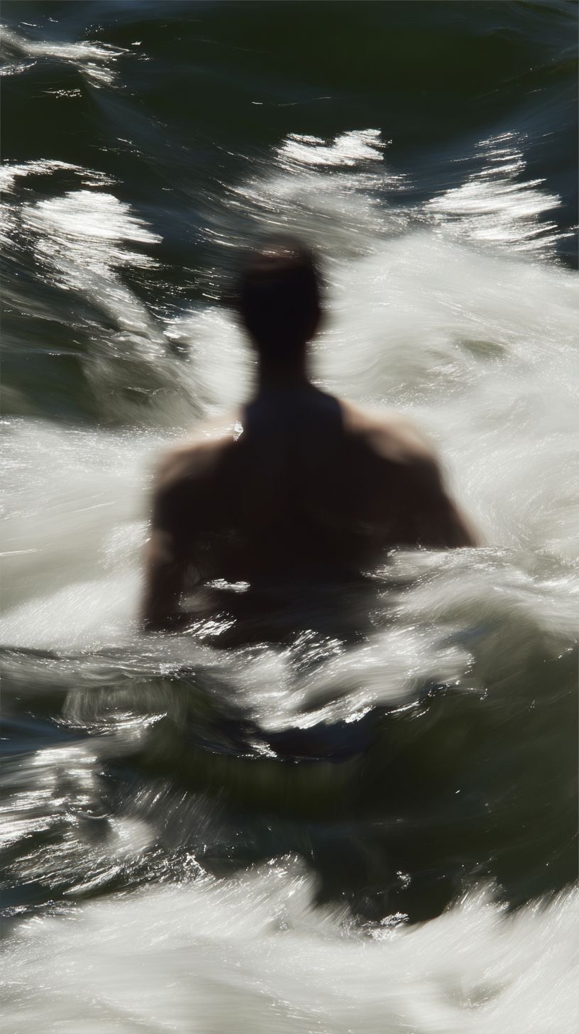 A person seen from behind, submerged to the chest in churning white water, the surface breaking into spray around them.