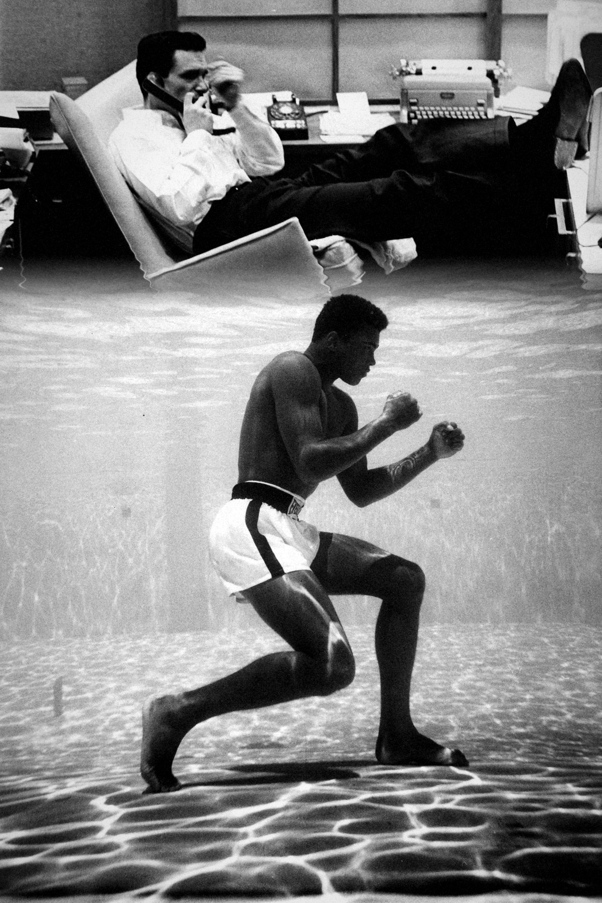 A black and white composite. Above, a man in a white shirt leans back in an office chair with his feet on the desk, talking on the phone. The bottom of the office ripples into the surface of a swimming pool, and below it a boxer in white trunks holds his guard underwater, poised mid stride on the sunlit pool floor.